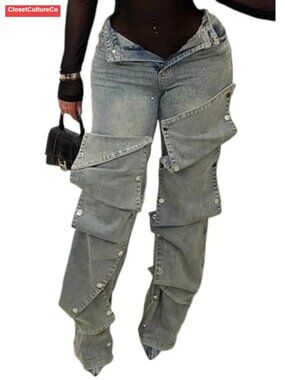 High Waisted Detachable Button Straight Leg Cargo Jeans